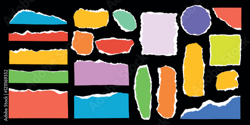 Colorful torn paper pieces on black background. Torn paper edges, colorful paper shapes, vibrant torn paper. Bright, colorful torn paper collage. Colorful element vector set.