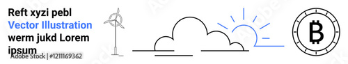 Wind turbine, cloud, sun, bitcoin symbol, and sample text. Ideal for technology, cryptocurrency, renewable energy, sustainability, future tech, digital finance, modern design. Landing page