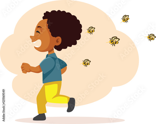 
Boy Scared by the Bees Running Away Vector Illustration
Child running and panicking over bee allergy problem 
