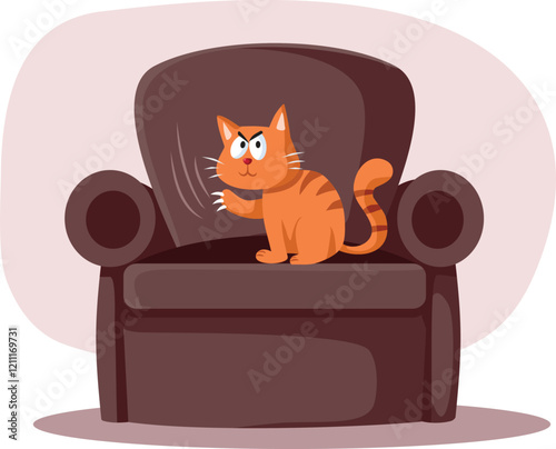 Mean Cat Scratching the Furniture at Home Vector Illustration. Evil cat sitting in armchair leaving scratch marks on the upholstery
