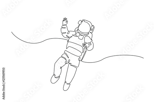 Astronaut in continuous one line drawing. Single line art illustration of astronaut in outer space. Editable vector.