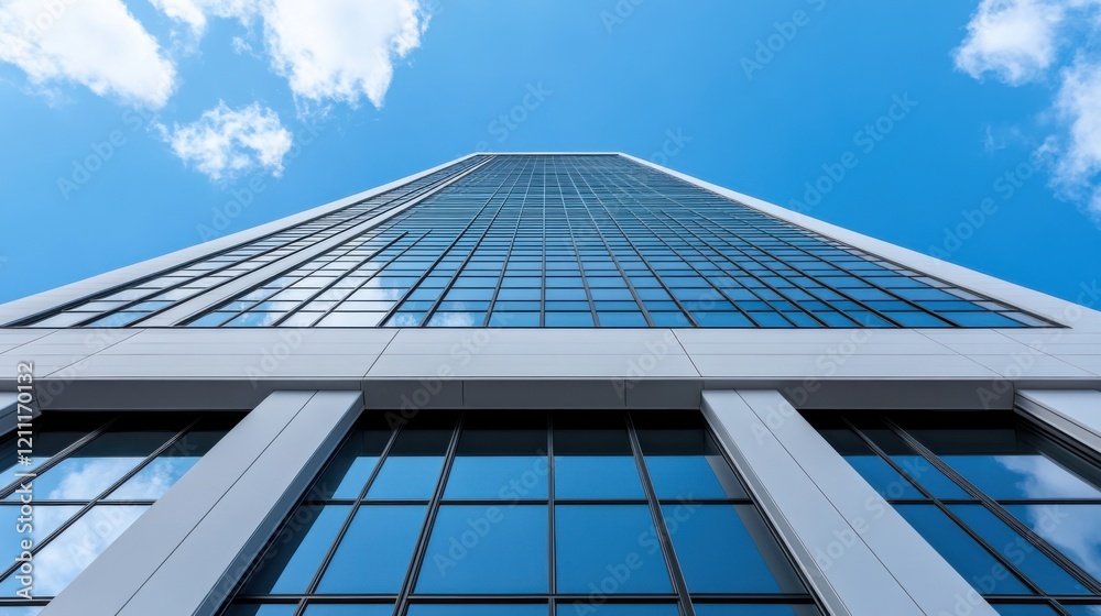 Modern Skyscraper with Glass Facade Against Blue Sky and White Clouds in Urban Setting Modern Skyscraper with Glass Facade Against Blue Sky and White Clouds in Urban Setting