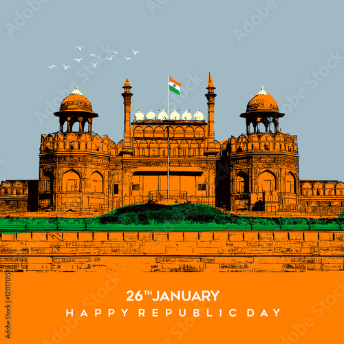 26 January - Happy Republic Day of India Banner Design. Indian Republic Day Celebration with Indian Flag and Text. Famous Indian Red Fort with birds