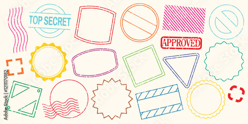 Colorful stamp shapes in various designs: circles, squares, triangles. Stamps include 'Top Secret' and 'Approved'. Vibrant stamp collection for creative projects. Colorful stamps, element vector set