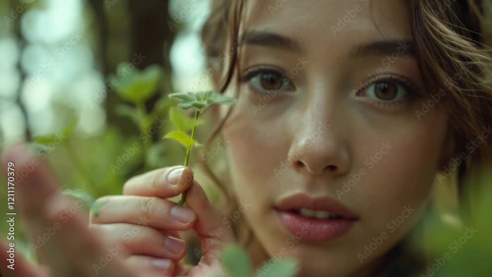 Curious woman examining small flower in forest with intense focus and gentle touch Curious woman examining small flower in forest with intense focus and gentle touch