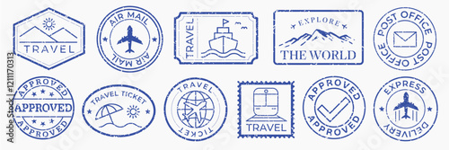 Collection of red rubber stamps with 'Approved,' 'Rejected,' 'Top Secret,' and postal designs. Includes post office and mail-themed stamps. Red stamps, vector set.