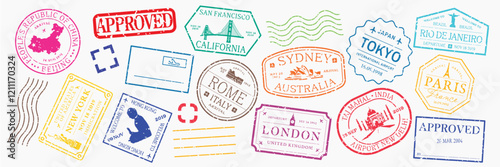Colorful travel-themed stamps with icons like airplanes, boats, and envelopes. Travel stamps in various shapes, perfect for travel enthusiasts and travel decor. Colorful travel stamps, vector set.