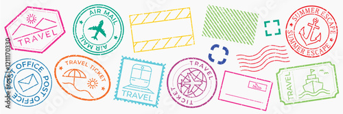 Colorful travel-themed stamps with icons like airplanes, boats, and envelopes. Travel stamps in various shapes, perfect for travel enthusiasts and travel decor. Colorful travel stamps, vector set.