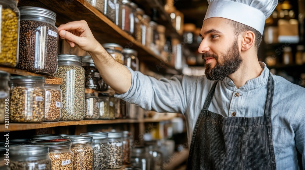 Chef Checking Ingredients in a Well-Organized Pantry Chef Checking Ingredients in a Well-Organized Pantry