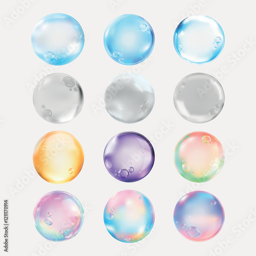 Colorful soap bubbles with a glossy finish. Bubbles in blue, clear, orange, purple, and rainbow hues. Shiny, round bubbles with a glossy texture and vibrant colors. Soap bubble element vector set.
