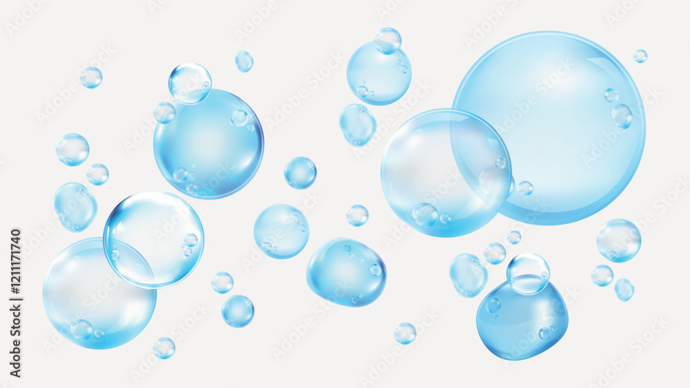 Floating blue bubbles on a white background. Bubbles vary in size, creating a playful and airy atmosphere. Bubbles reflect light, adding a shiny effect. Soap bubble element vector set. Floating blue bubbles on a white background. Bubbles vary in size, creating a playful and airy atmosphere. Bubbles reflect light, adding a shiny effect. Soap bubble element vector set.