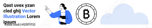 Woman pointing, Bitcoin symbol, and blue cloud. Ideal for business concepts, cryptocurrency, cloud computing, digital interactions, modern technology themes, educational content, fintech platforms