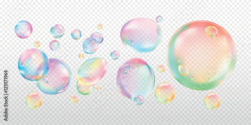 Colorful soap bubbles on transparent background. Bubbles in various sizes, colorful and shiny. Soap bubbles create a playful, colorful effect. Soap bubble element vector set.