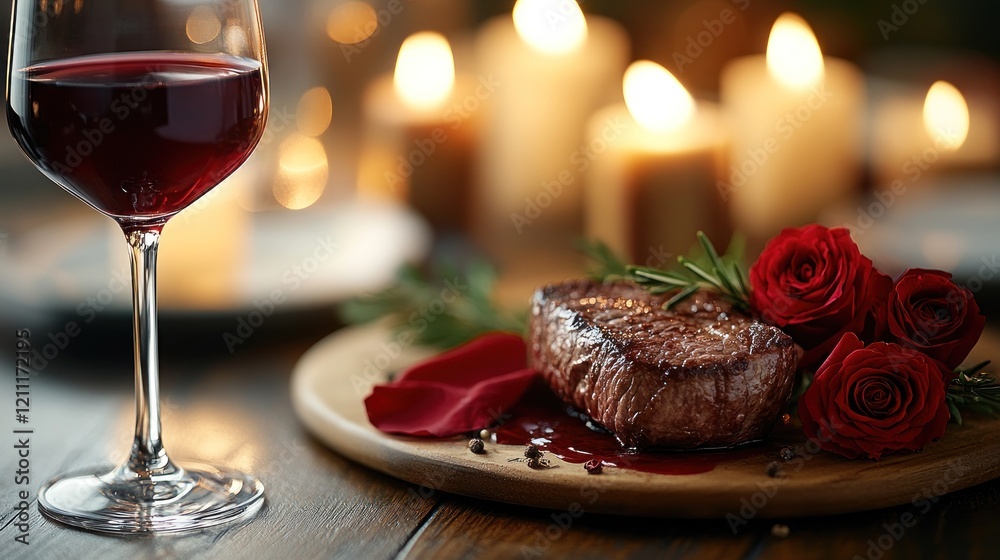 Fototapeta premium Romantic Steak Dinner Candlelight Restaurant