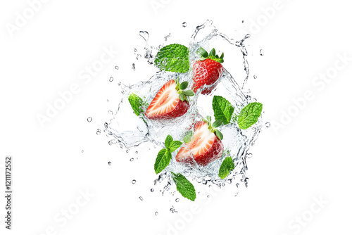 Fresh strawberry slices with mint leaves in water splash isolated on white or transparent PNG