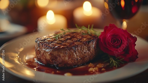 Romantic candlelit dinner steak, rose, wine (1)