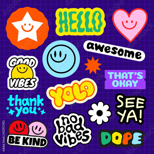 Colorful stickers with positive messages like 'hello', 'good vibes', 'YOLO', and 'be kind' Bright, cheerful designs spread positivity and good vibes Funky stickers, vector set