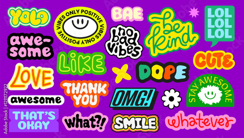 Colorful stickers with positive words like 'awesome', 'love', 'dope', 'smile', 'be kind', 'positive vibes', 'thank you', 'stay awesome' on a purple background Funky stickers, vector set