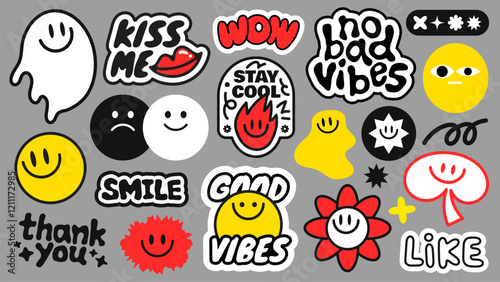 Colorful stickers with smiley faces, positive phrases like 'good vibes' and 'stay cool', and playful designs Fun, vibrant, and uplifting stickers Funky stickers, vector set