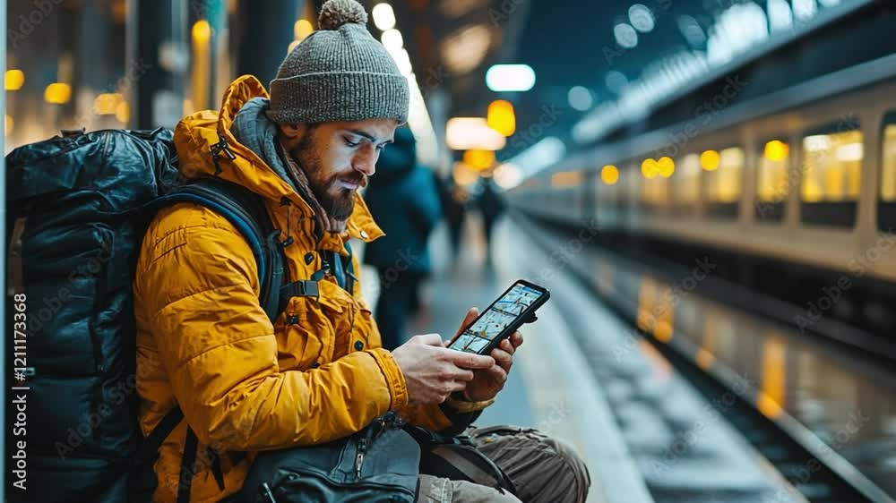 Waiting for Departure: A young traveler with a backpack and beanie, checks his smartphone while waiting for his train on a bustling platform.