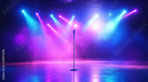 Empty Stage with Microphone, Neon Lights, Concert Background