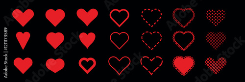 Set of red heart icons on black background. Various heart designs, red hearts, heart shapes. Perfect for Valentine's Day, love themes, romantic designs. Valentine's Day elements, vector set.