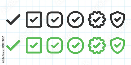 Set of checkmark icons in various shapes: square, circle, badge, shield. Black and green checkmarks. Checkmark icons for approval, confirmation, validation. Vector element set.