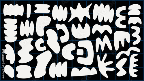 Abstract shapes in white on a dark grid background. Curved and jagged forms create a dynamic pattern. Abstract shapes add artistic flair and creativity. Black and white vector set.