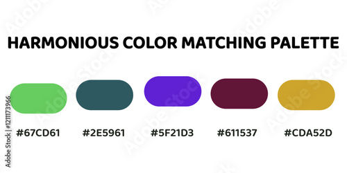 Harmonious color palette with five colors. This palette combines warm and cool tones, balanced and visually appealing aesthetic. Spring Green, Forest Green, Electric Purple, Maroon, Gold. 66.