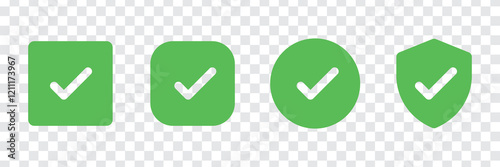 Set of checkmark icons in green and blue. Includes checkmarks in squares, circles, shields, and starburst shapes. Checkmarks symbolize approval and confirmation. Vector element set.