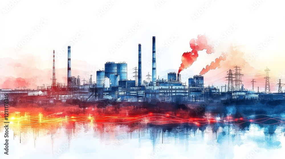 Fototapeta premium Industrial Power Plant: Watercolor Painting of Energy Production