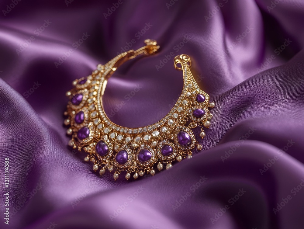 Fototapeta premium Gold necklace with purple gemstones on purple silk.