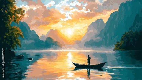 Serene Sunset Boatman: Stunning Lake Landscape Painting
