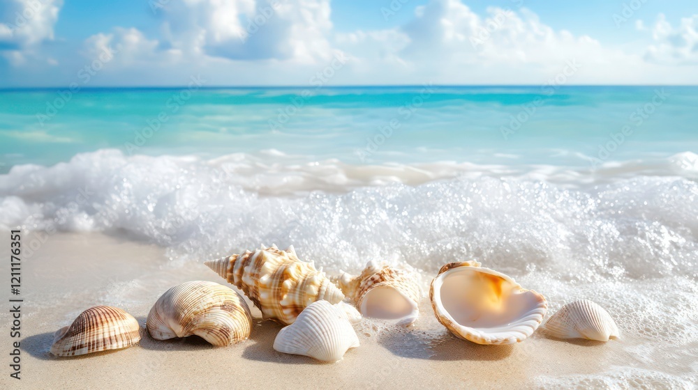 A sandy beach with gentle waves and seashells scattered around. A sandy beach with gentle waves and seashells scattered around.