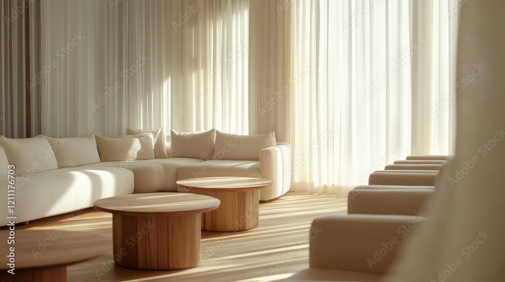 59.A minimalist living room with plush, neutral-toned sofas, sleek natural wood tables, and gentle sunlight filtering through sheer curtains, creating an atmosphere of warmth and elegance. 59.A minimalist living room with plush, neutral-toned sofas, sleek natural wood tables, and gentle sunlight filtering through sheer curtains, creating an atmosphere of warmth and elegance.