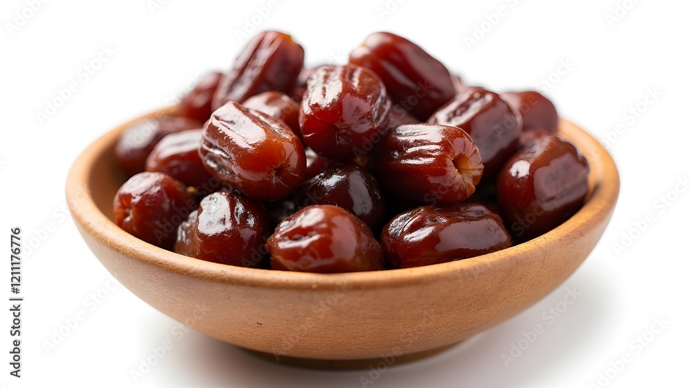 Glossy, ripe dates piled in a wooden bowl, highlighting their natural sweetness and rich texture, perfect for healthy snacking or traditional celebrations. Glossy, ripe dates piled in a wooden bowl, highlighting their natural sweetness and rich texture, perfect for healthy snacking or traditional celebrations.