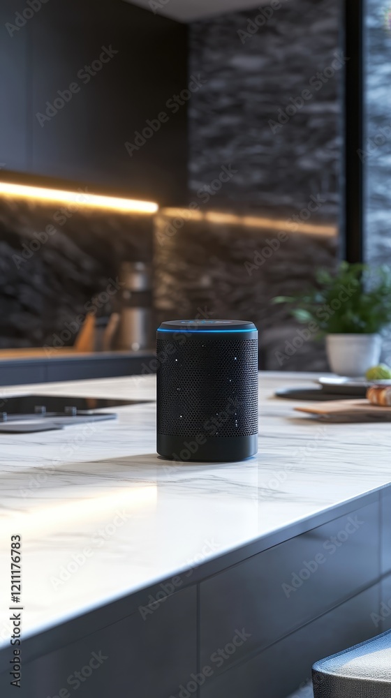 Smart Virtual Assistant Device on Modern Marble Kitchen Countertop Smart Virtual Assistant Device on Modern Marble Kitchen Countertop