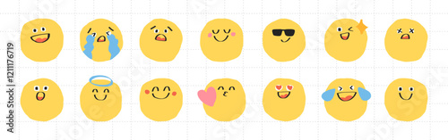 Set of 15 yellow emoji faces with various expressions: happy, sad, surprised, and cool. Emoji faces convey emotions like joy, surprise, and love. Hand drawn cute emoticon illustration set. Vectors.