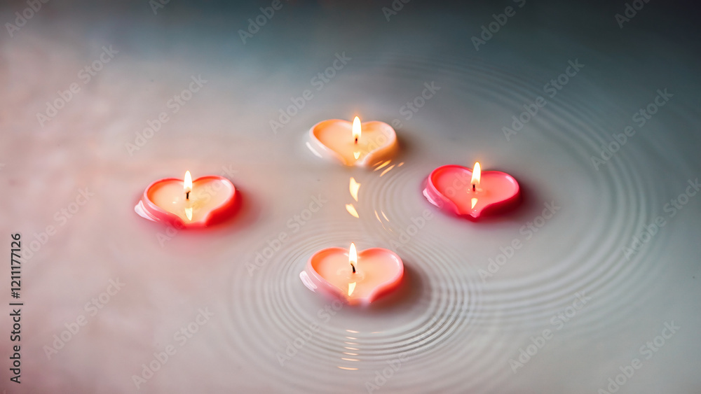 Heart-shaped candles: A simple yet striking photo of heart-shaped candles gently floating on the surface of milky, translucent water Heart-shaped candles: A simple yet striking photo of heart-shaped candles gently floating on the surface of milky, translucent water