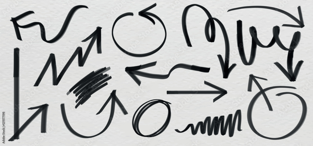 Black arrows in various directions on a white background. Arrows pointing up, down, left, right. Curved arrows, zigzag arrows, circular arrows. Sketchy arrow design. Hand drawn doodles set. Vectors. Black arrows in various directions on a white background. Arrows pointing up, down, left, right. Curved arrows, zigzag arrows, circular arrows. Sketchy arrow design. Hand drawn doodles set. Vectors.