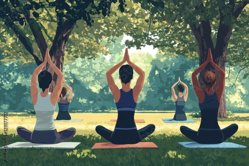 Outdoor Yoga Class Practicing in a Peaceful Park at Sunrise