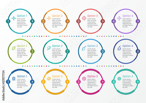 3 sets of 4 options business infographic template, three different circle frame styles, in colorful lines with symbols and text frame