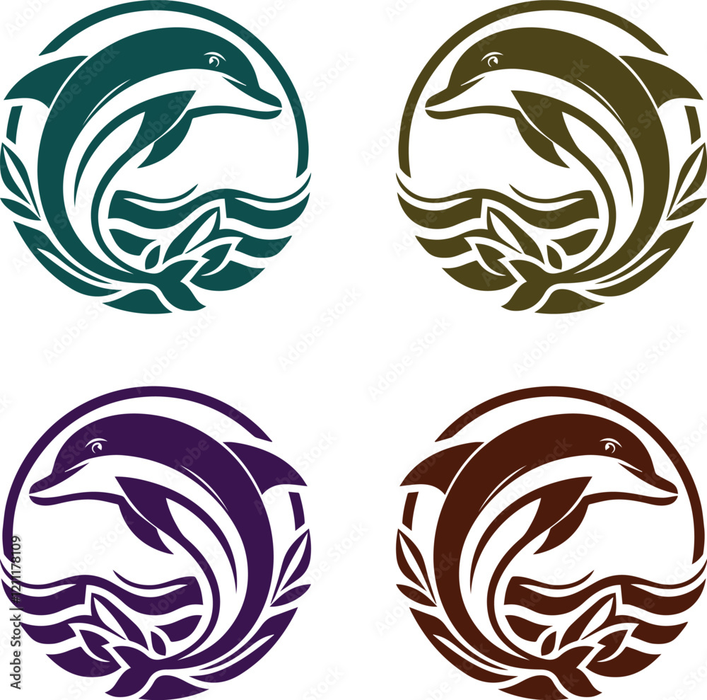 Dolphin Logos in Green, Brown, Purple, and Dark Blue with Floral Accents Dolphin Logos in Green, Brown, Purple, and Dark Blue with Floral Accents