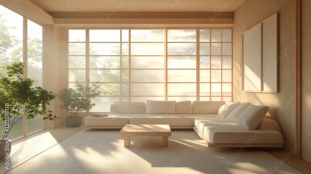 Fototapeta premium 58.A sophisticated living room setting with minimalist sofas in neutral colors, light wooden furniture, and a soft natural light-filled environment, perfect for a tranquil and stylish home.