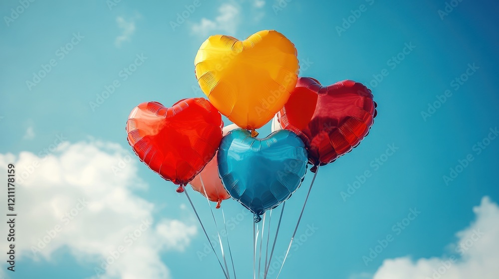 Fototapeta premium Colorful heart balloons float against a blue sky