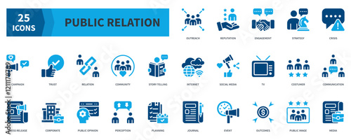 Public Relation  Icon Collection Set. Containing outreach, reputation, strategy, trust, relation, community, communication Icon. Simple Flat Vector. Blue Color Style