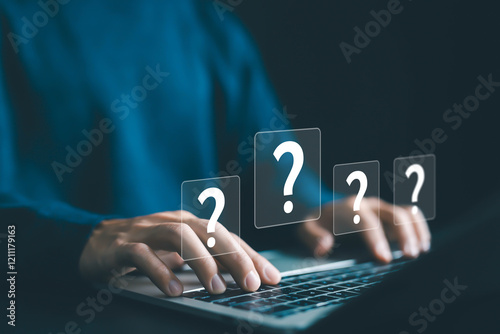 Question marks are shown on a laptop, and question tech Brainstorming and problem-solving are the concepts of asking, answering, business FAQ, thinking, and wondering.