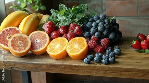 Wallpaper Mural Fresh Fruit Platter Bananas Strawberries Oranges Grapefruit Raspberries Blueberries and Grapes Torontodigital.ca