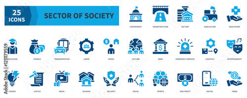 Sector Of Society  Icon Collection Set. Containing  government, infrastructure, factory, agriculture, healthcare, education, transportation Icon. Simple Flat Vector. Blue Color Style