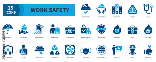 Work Safety  Icon Collection Set. Containing safety first, protection, regulation, hazard, health, insurance, first aid kit Icon. Simple Flat Vector. Blue Color Style